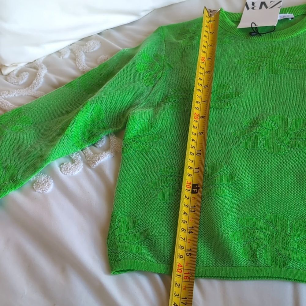 ZARA Mesh Floral Knit Metallic Effect Long Sleeve Neon Green 💚 Top NWT - Picture 9 of 11